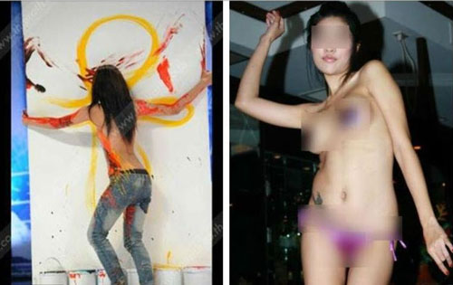 Thailand topless breast painter does sexy show